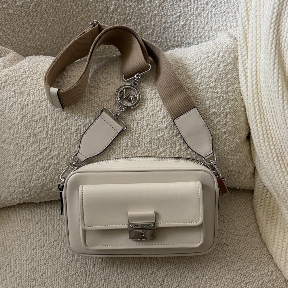 Michael Kors Cream Leather Crossbody Camera Bag with Beige Canvas Strap